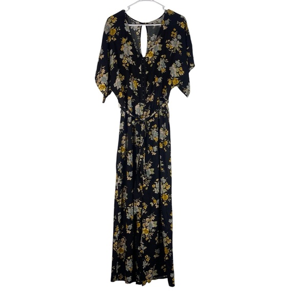 American Eagle Short Sleeve Wide Leg Jumpsuit Medium Black Yellow Blue Floral - Picture 2 of 13